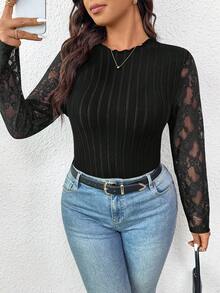 SHEIN Frenchy Casual Black Plus Size Rib-Knit Tee With Semi-Sheer Lace Long Sleeves And Stand Collar - Black - View 3