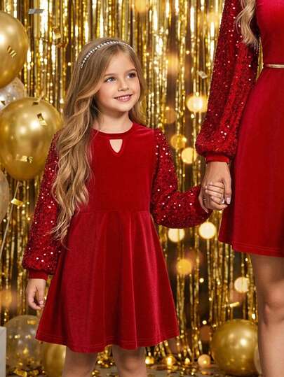 Young Girl Elegant & Cute Beaded Embroidery Velvet Long Sleeve Dress