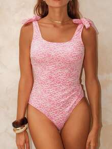 Swim Chiccia Women's Pink Summer One-Piece Swimsuit,Backless Bowknot Design Elegant Boho Beach Vacation Bathing Suits,Holiday Beachwear - Pink - View 4