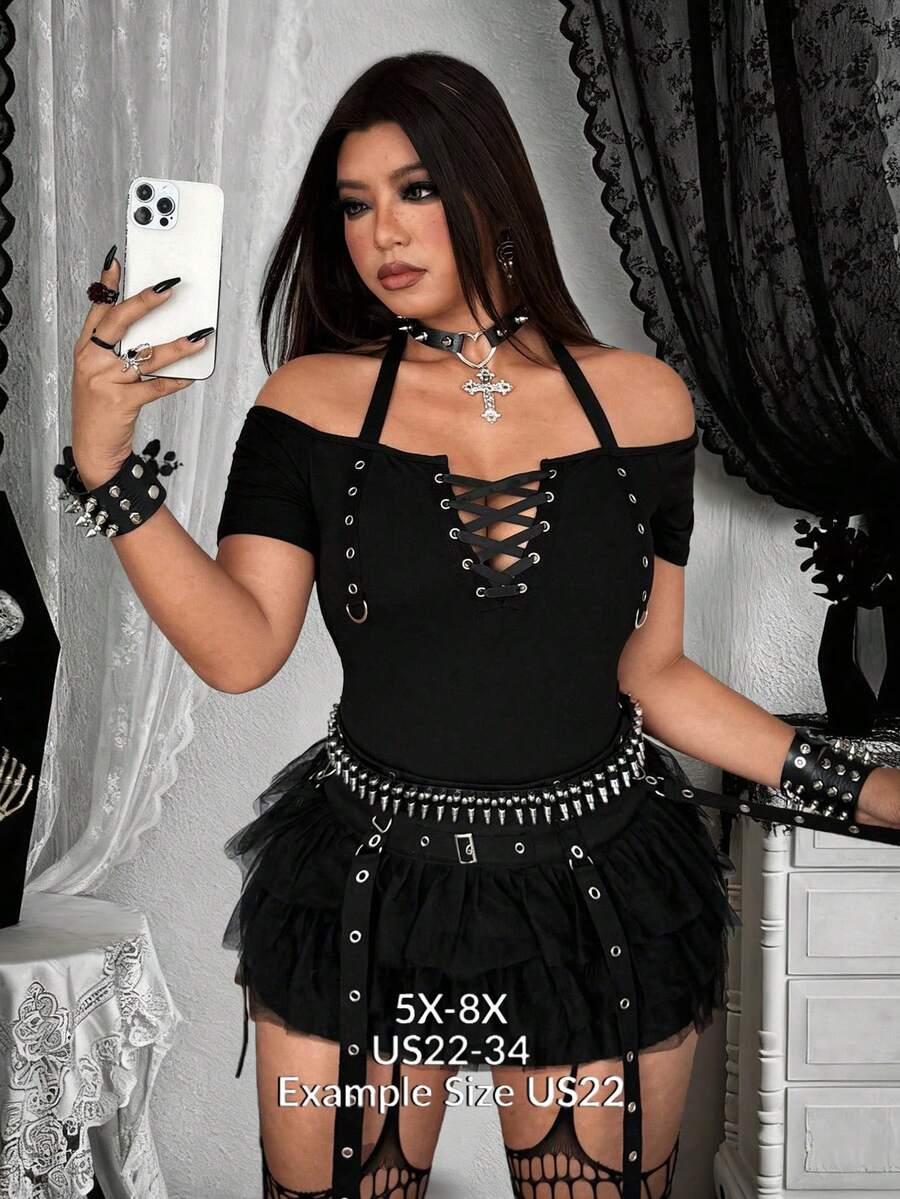 SHEIN CURVE+ 大码女式钥匙孔系带露肩T恤 - 黑色 - 查看 1