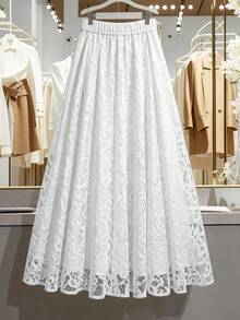 GlowEve CURVE Elegant A-Line Lace Skirt, Minimalist Fashion Commuter Style Long Lace Skirt - White - View 2