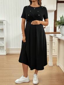 SHEIN 孕妇休闲爱心刺绣扭结哺乳连衣裙，夏季 - 黑色 - 查看 5