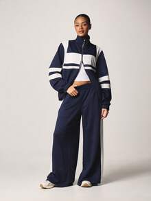 MISSGUIDED Navy Color Block Zip Front Track Jacket With White Contrast Panels And Stripes - Blue and White - View 3