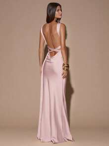 SHEIN BAE Đầm dạ hội màu vàng/kem trơn, tối giản, gợi cảm, cổ chữ V sâu, không tay, hở lưng, thắt nơ, thích hợp cho tiệc tùng, cocktail, các dịp trang trọng, phù dâu, sinh nhật, Giáng sinh, hoặc công sở. - Màu Hồng  San hô - Xem 6