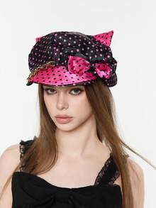 ROMWE Grunge Punk 1顶可爱波点猫耳棒球帽，Y2K蝴蝶结帽，适合日常和派对穿着 - 黑色 - 查看 3