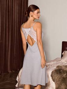 SHEIN Women's Sexy Lace Patchwork V-Neck Backless Camisole Nightgown With Long Lace Trim Robe, 2 Pieces Set - Light Grey - View 2