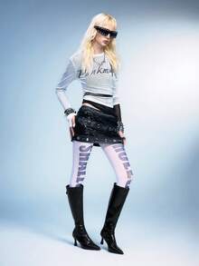 Sugerpunk Botas de mujer de moda de caña alta con puntera puntiaguda y estampado de cocodrilo para el uso diario - Negro - Ver 2