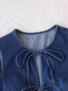 Comfortcana Conjunto feminino casual de férias com blusa sem mangas com amarração frontal e calça jeans. - Lavagem escura - Ver 4