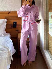 DAZY 2pcs Floral Pattern Loose Long Sleeve & Long Pants Women Pajama Set