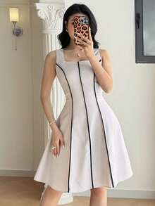 Modelyn Women's Elegant Commuter Contrast Trim Sleeveless Waist Cinched Mini Dress - Khaki - View 1