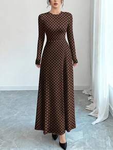Modelyn Polka Dot Pattern Digital Print Coffee Color Fashionable Round Neck Long Sleeve A-Line Dress For Women, Spring - Multicolor - View 5