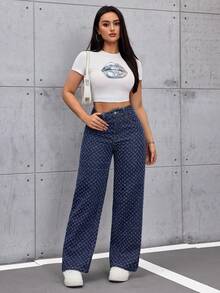 SHEIN ICON 女士复古宽松直筒阔腿牛仔裤 - 深色水洗藍 - 查看 6