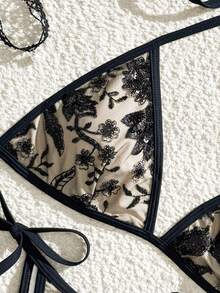 Bonvoyette 夏季新款香槟色纯色高端刺绣亮片闪亮病毒式派对下午茶聚会支撑高衩侧系带比基尼两件式泳衣女款 - 黑色 - 查看 4