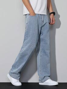 Manfinity Homme Loose Fit Men's Slant Pocket Straight Leg Jeans Mens Light Wash Wide Leg Jeans - Light Wash - View 7