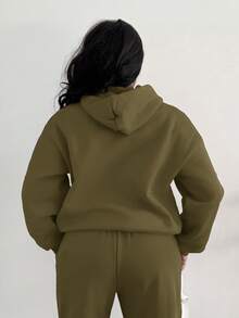 Alexandranx Summer Outfits Women's Simple Casual Solid Color Pullover Hooded Long Sleeve Hoodie Without Drawstring Oversize In Fall/Winter - Army Green - View 2