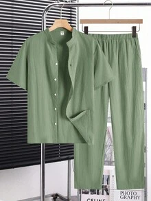 SHEIN 青少年男童两件套休闲宽松百搭舒适高性价比立领梭织短袖衬衫裤套装 - 薄荷綠 - 查看 1