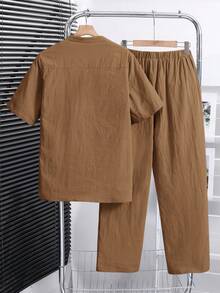 SHEIN 青少年男童两件套休闲宽松百搭舒适高性价比立领梭织短袖衬衫裤套装 - 卡其色 - 查看 2