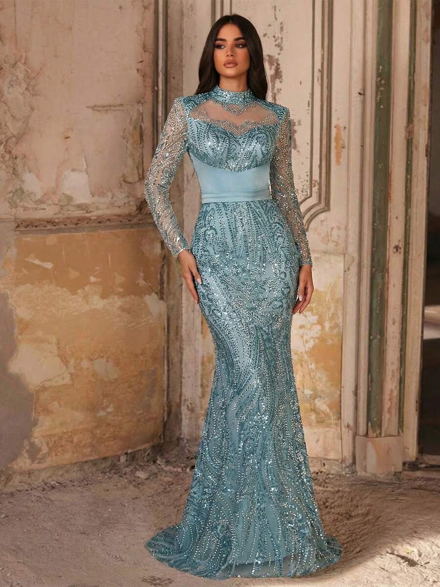 Aureia 优雅、浪漫、奢华、蓝色、亮片面料、长袖、鱼尾下摆、拖尾、时尚、节日、假日、生日派对、婚礼、正式晚宴礼服（奢华版）