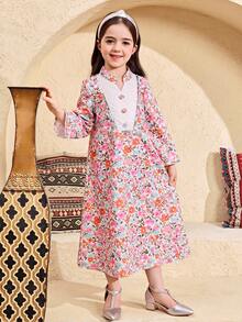 SHEIN Young Girl Floral Print Patchwork Simple Long Sleeve Casual Arabian Dress Spring/Summer Ramadan Style Matching Family Vacation - Multicolor - View 7