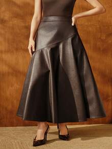 Anewsta 大码女式优雅通勤休闲纯色PU喇叭裙 - 棕色 - 查看 5