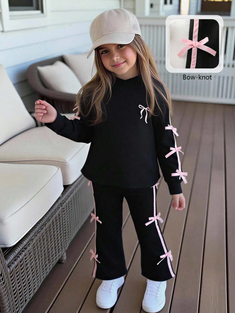 两件套女童休闲蝴蝶结装饰长袖卫衣和喇叭裤套装，适合日常休闲穿着和户外活动，春秋季 - 黑色 - 查看 1