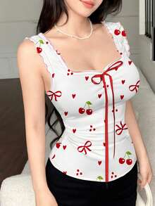 Modelyn Heart Print Summer Fashion Tie-Up Bow Knot Slim Fit Bodycon Tank Top For Women - Multicolor - View 3