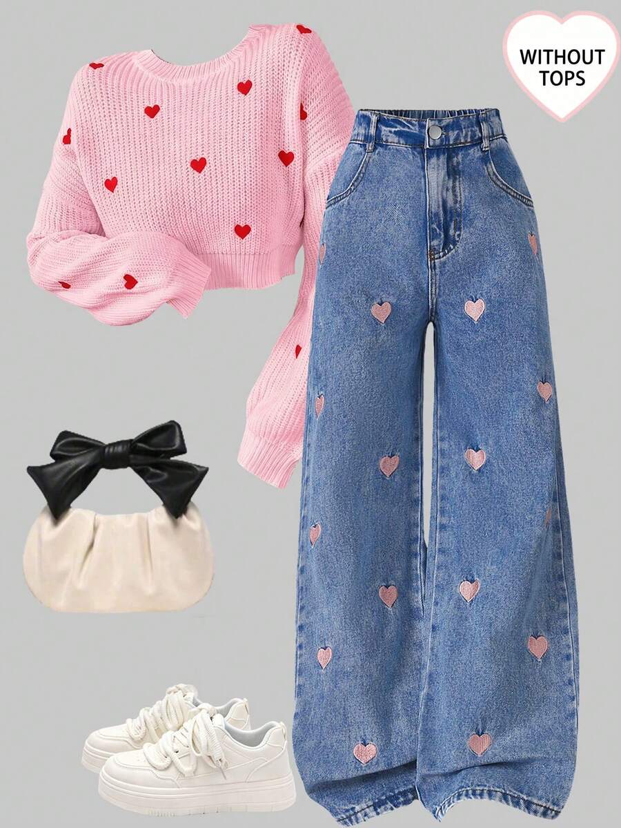 Sparklyn 少女Y2K复古风中蓝色水洗牛仔裤，饰有粉色爱心刺绣，宽松直筒版型，面料柔软舒适，时尚百搭，女童牛仔裤 - 中等水洗藍 - 查看 1