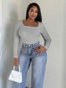 Alexandranx Women's Plain Long Sleeve Minimalist Ribbed Casual Y2K Square Neck Holiday Snow Women Beige Comfy Top, Daily Wear - Light Grey - View 4