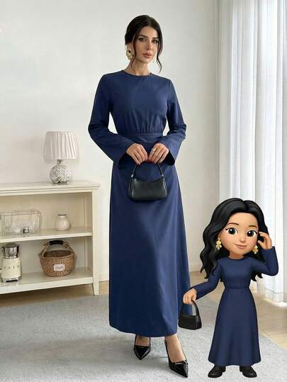 Firerie Women's New Navy Blue Round Neck Flare Sleeve Pleated Waist A-Line Maxi Dress, Flare Sleeve Dress, Round Neck Dress, Pleated Fabric Dress, Elegant Commuter Maxi Dress, Suitable For Spring, Summer, Autumn And Winter, Elegant, Commuter, Date, Party, Wedding Season, Graduation, Prom, Performance, Concert, Work Attire, Back To School, Annual Party, Women's Birthday, Holiday Outfit Gown