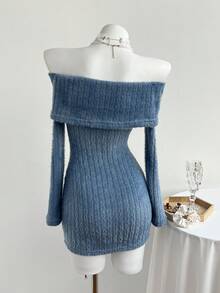 Elamini 白色露肩露背仿马海毛罗纹针织蝴蝶结珍珠装饰长袖修身迷你连衣裙，Y2K复古可爱派对休闲连衣裙，适合秋冬季、圣诞节、新年等场合。