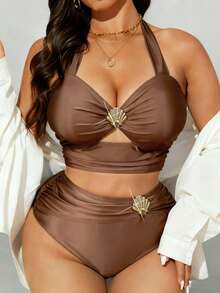 SHEIN Swim 大码女装两件套，高档缎面露背上衣和高腰裤三件套，沙滩度假 - 咖啡棕 - 查看 4