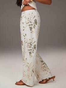 Athîral Women's Casual Beaded Embroidered Shiny Pants, Beige, Valentine's Day Clothing, Outdoor Wear, Sequined Pants, Sequined, Floral Pattern Pants, Vacation Wear, Spring Break Wear, Spring/Summer Wear, Beach Pants, Outdoor Date Wear, Linen Shorts For Women, Womens Summer Pants, Boho Pants For Women - Apricot - View 5