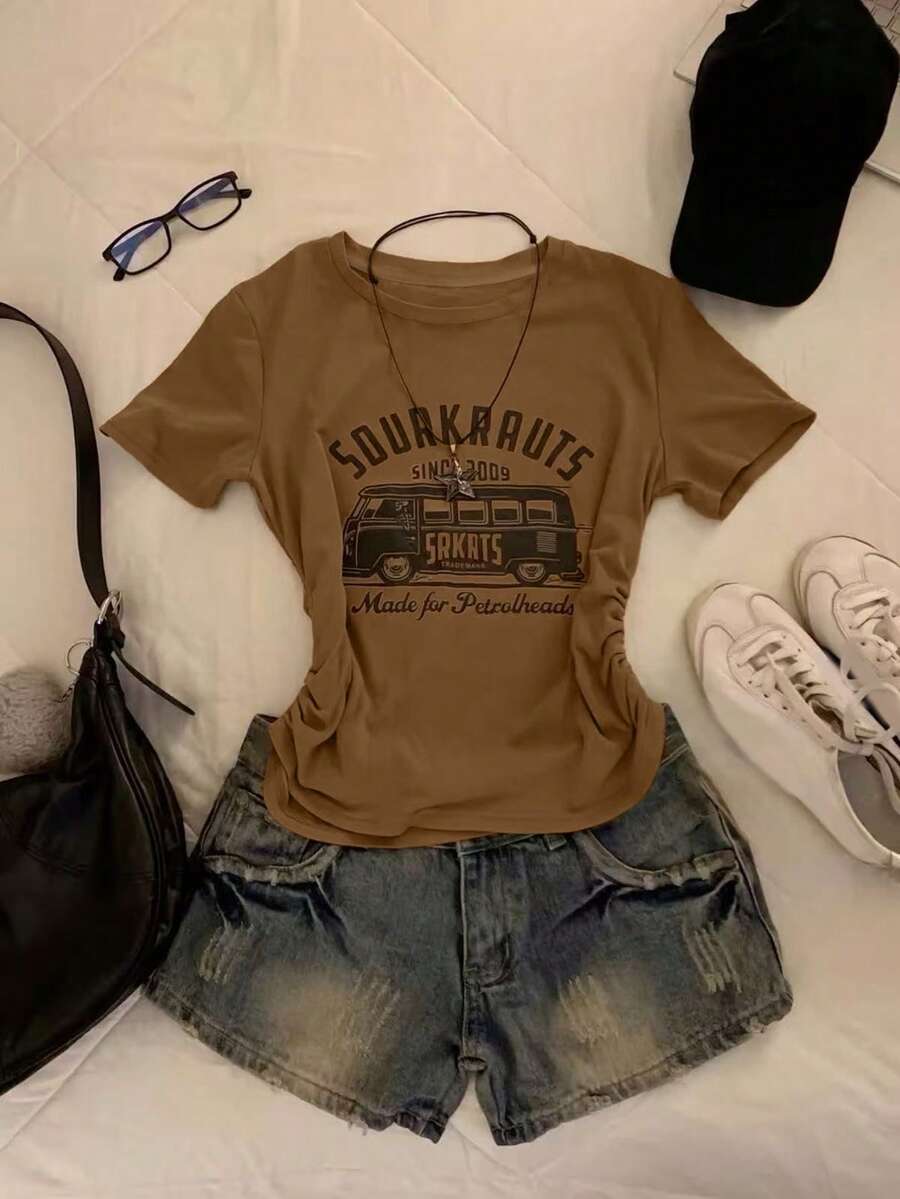 IslaSuriya Women's Casual Pleated Print Short Sleeve T-Shirt - Brown - View 1