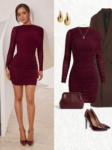 Modelyn 女士纯色褶皱长袖修身短连衣裙 - 酒紅色 - 查看 1
