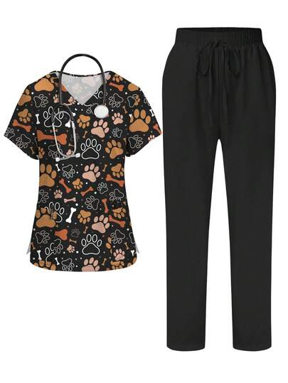 PopScrub Women's Fashion V-Neck Short Sleeve Pocket Scrub Top & Pants Set With Cartoon Animal Paw Print & Bone Pattern, Suitable For Spring/Summer Scrubs For Women Set Womens Scrub Set Veterinary Scrubs Paw Print Scrubs Animal Print Scrubs