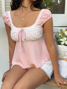 SHEIN Unity Blusa feminina rosa, estilo doce e descontraída, bordada, para férias na primavera/verão. - Rosa - Ver 8