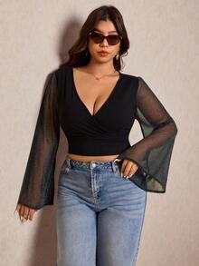 Elaquor Plus Size Women Elegant Minimalist Chiffon Patchwork Flare Sleeve Top, Autumn - Black - View 6