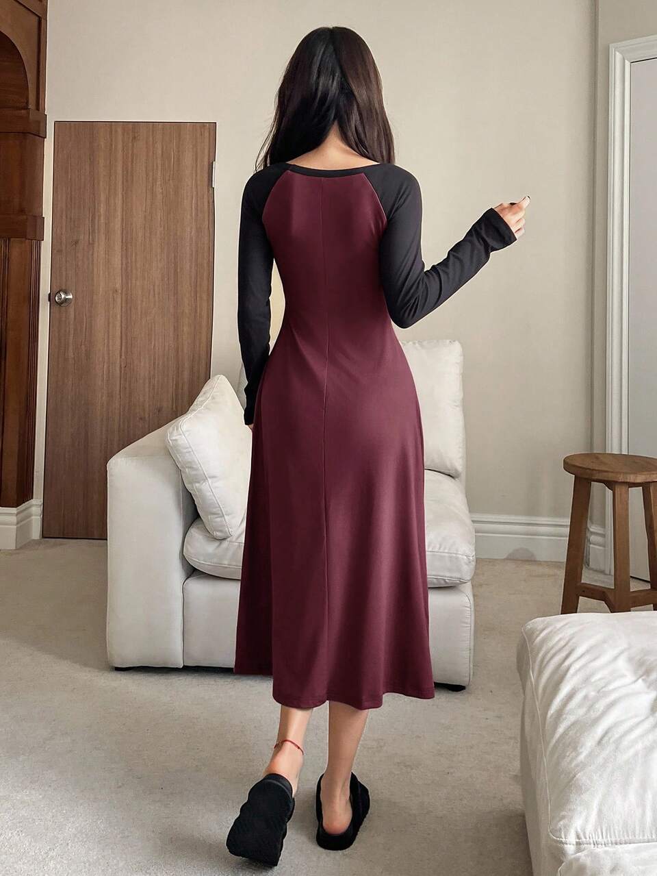 Minimalist Color Block Raglan Sleeve Waist Cinched Long Nightgown, Women Sleepwear Dress