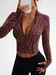 Dewbera Fashionable Leopard Print Front Zipper Fitted Cropped Sports Jacket - Brown - View 1