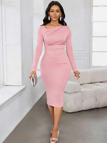 SHEIN Lady 女士优雅派对纯色修身中长连衣裙 - 粉色 - 查看 7