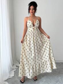 SHEIN Elenzya 大码女式蝴蝶结碎花V领露背无袖长裙，性感度假风，春夏款 - 杏色 - 查看 7
