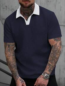 Manfinity CasualCool 男士撞色领短袖通勤休闲Polo衫，V领针织衫，男士纹理Polo衫 - 藏蓝色 - 查看 3