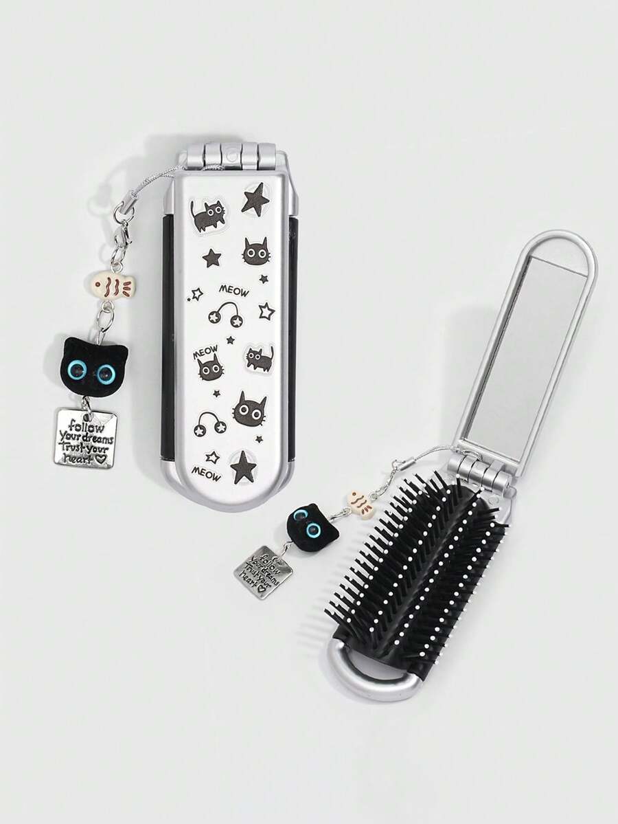 ROMWE 1pc Cute Black Cat Foldable Comb & Mirror Set, Back To School Airbag Comb, DIY Portable Comb Mirror,A Y2K-Style Star-Shaped Decorative Small Comb - Light gray black - View 1