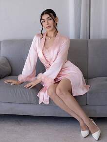 Andrea Bello 2pcs Set: Floral Trim Faux Silk Nightgown And Kimono, Fall Clothes  Cozy And Elegant Details - Baby Pink - View 4