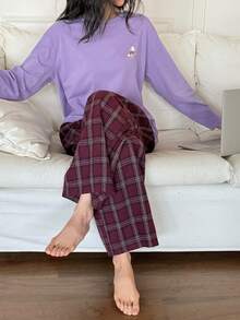 DAZY 女士小狗印花宽松T恤上衣和格子宽松睡裤家居服套装，秋冬款 - 紫色 - 查看 4