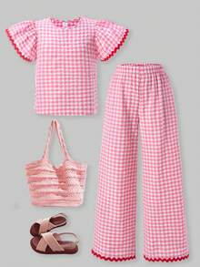 SHEIN ChillGRL 2pcs/Set Tween Girls Loose Casual Chic Backless Contrast Color Top & Wide Leg Pants Set, Suitable For Daily, Commute, Leisure, Vacation, Gathering, Street Style, Spring/Summer - Pink - View 4