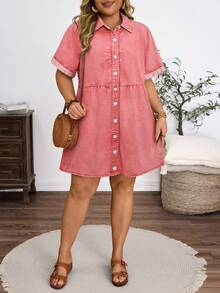 EMERY ROSE Vestido de mezclilla casual con botones delanteros para tallas grandes - Rosa - Ver 3