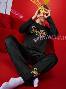Notgurli Letter Print Crew Neck Long Sleeve Pants Pajama Set - Black - View 1
