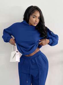 Alexandranx 夏季女装简约休闲纯绿色套头衫连帽长袖连帽衫无抽绳超大码 - 寶藍色 - 查看 3