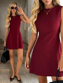 Easowa 女士纯色圆领无袖休闲通勤迷你连衣裙 - 紅色 - 查看 6